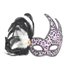 Masca carnaval venetian cu pene si imprimeu leopard, mov