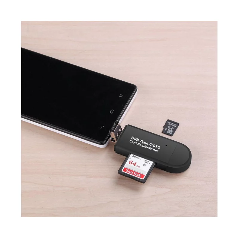 Card Reader OTG 3in1, Cititor de carduri Compact PVC - Universal TF / SD Memory, Micro USB Combo, Type-C, USB, Gonga
