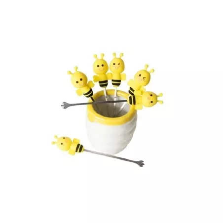 Set 6 furculițe metalice in forma de albinute din silicon, cu vas, Gonga®