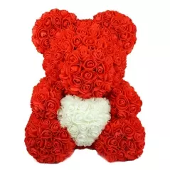 Ursulet din trandafiri in cutie, 25 cm, Gonga® - Rosu/Alb