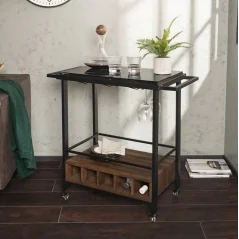 Carucior de servire pe roti, cu suport pentru sticle si pahare de vin, Gonga®