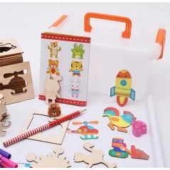 Set Montessori cu 67 sabloane din lemn cu accesorii pentru desenat si colorat, Gonga®