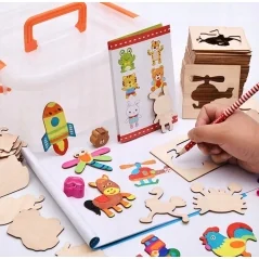 Set Montessori cu 67 sabloane din lemn cu accesorii pentru desenat si colorat, Gonga®