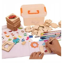 Set Montessori cu 67 sabloane din lemn cu accesorii pentru desenat si colorat, Gonga®