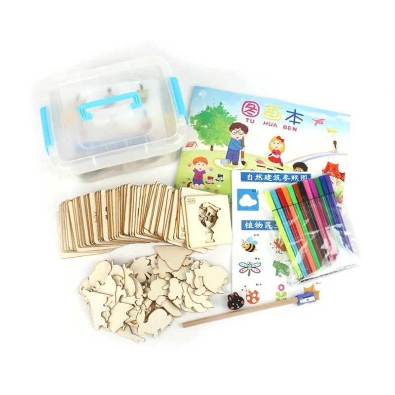 Set Montessori cu 67 sabloane din lemn cu accesorii pentru desenat si colorat, Gonga®