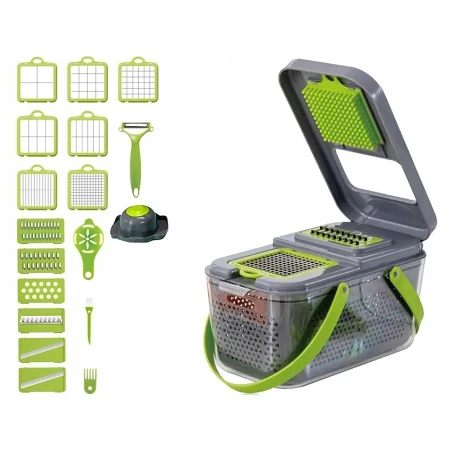 Razatoare multifunctionala pentru legume si fructe, 13 lame diferite, 5 accesorii, cu recipient transparent, Gonga®