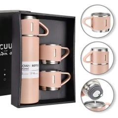 Set termos cu 3 căni din oțel inoxidabil, 0.5L, menținere a băuturilor calde 6 ore și reci 12 ore, Gonga®