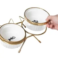 Set 2x300ml boluri ceramice pentru caini si pisici pe suport, Gonga®