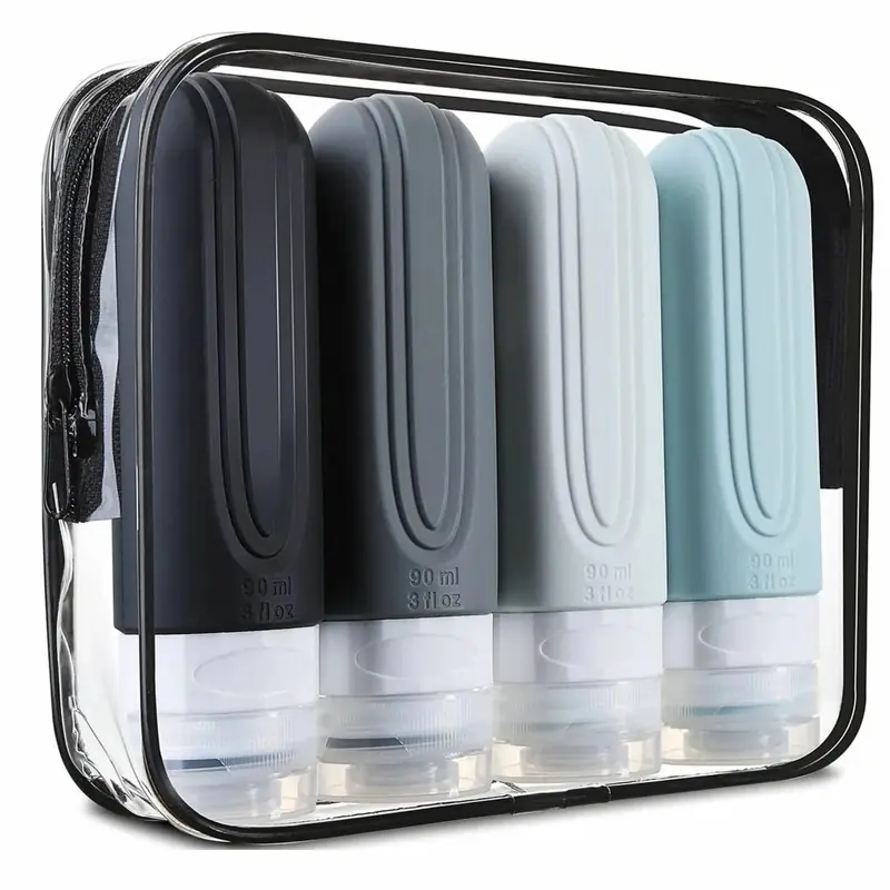 Set 4 recipiente de calatorie, capacitate 90 ml, inchidere etansa, autocolante incluse, geanta depozitare, PVC/silicon, Gonga®