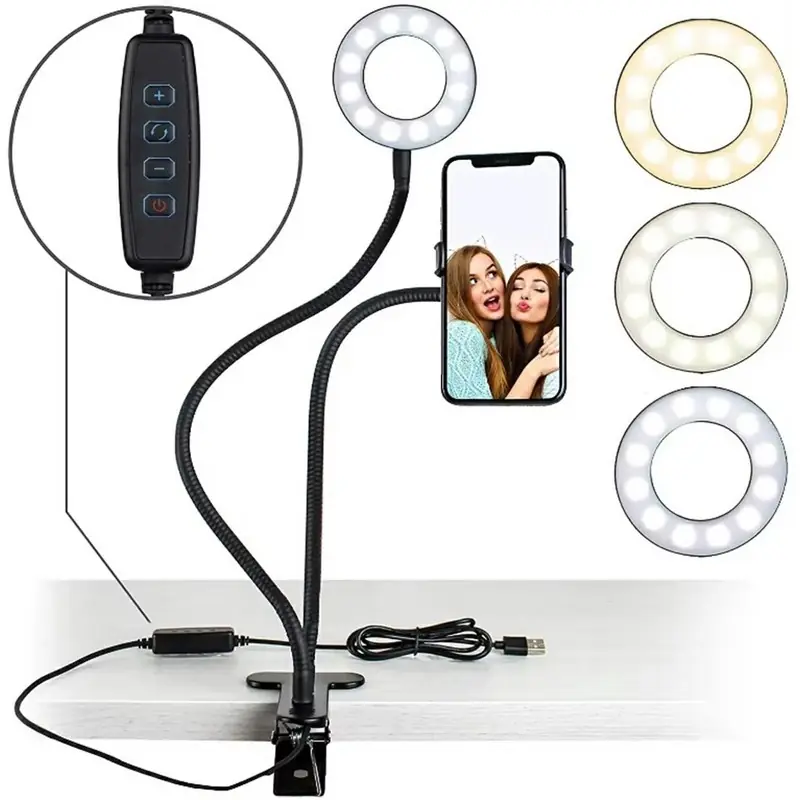 Suport 2 in 1 pentru selfie, lampa LED, suport universal telefon, 12W, 10 niveluri de intensitate, 3 moduri de culoare, Gonga®