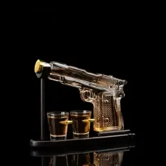 Set Decantor Whiskey Pistol 230 ml cu 2 Pahare de 50 ml si Stativ din Lemn, Gonga®