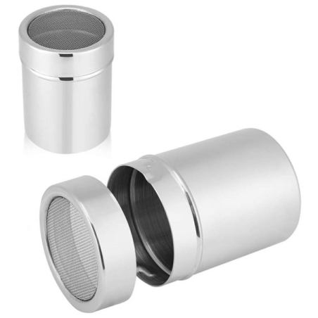 Recipient pentru zahar pudra, otel inoxidabil, cu plasa, 300 ml, 55x75 mm, capac cu închidere etanșă, Gonga®