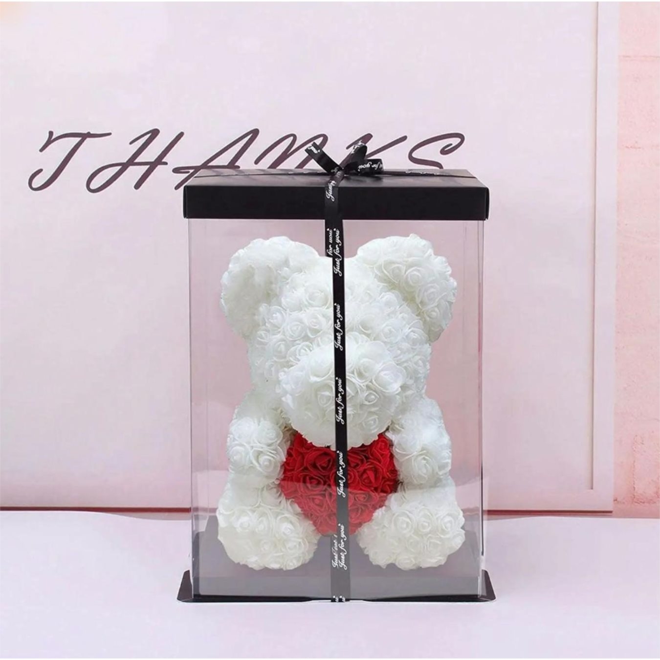 ursulet din trandafiri in cutie 25 cm alb cu rosu gonga