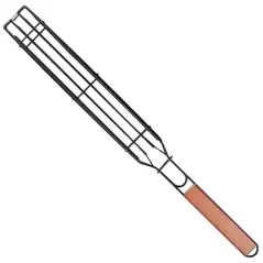 Gratar pentru frigarui/peste, cu maner lung, metal/lemn, 49x4.5cm, Gonga