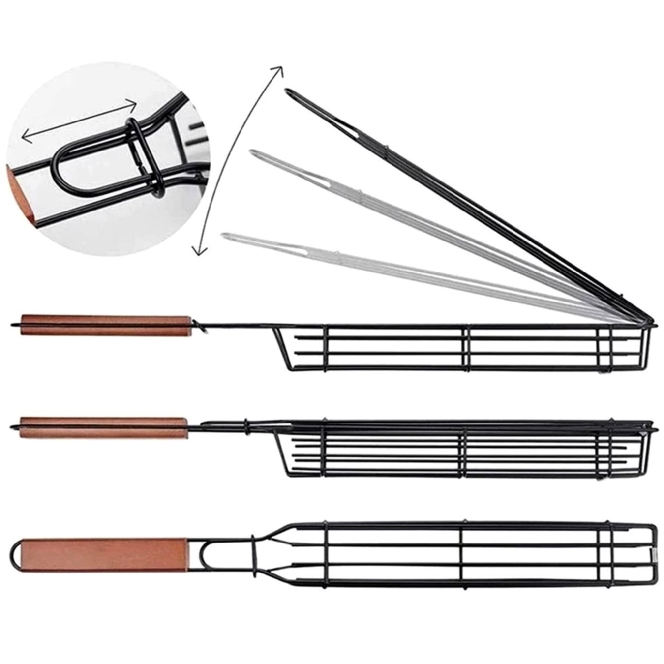 gratar pentru frigarui peste cu maner lung metal lemn 49x4 5cm