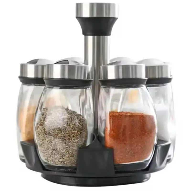 Set 6 recipiente condimente cu suport rotativ, din sticla, 16x16.5 cm, Gonga