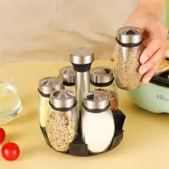 Set 6 recipiente condimente cu suport rotativ, din sticla, 16x16.5 cm, Gonga