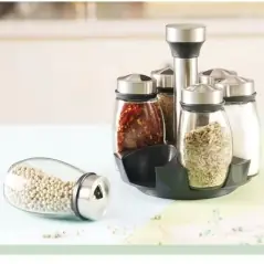 Set 6 recipiente condimente cu suport rotativ, din sticla, 16x16.5 cm, Gonga