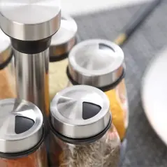 Set 6 recipiente condimente cu suport rotativ, din sticla, 16x16.5 cm, Gonga