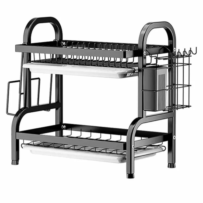 Scurgator de vase pe 2 nivele, suport cutite/tocator/tacamuri, negru, Gonga