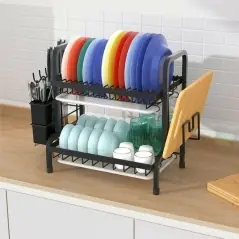Scurgator de vase pe 2 nivele, suport cutite/tocator/tacamuri, negru, Gonga