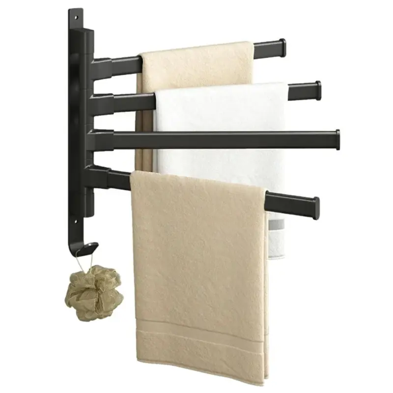 Suport pentru prosoape, baie, 4 brate mobile, auto-adeziv, aluminiu, negru, Gonga