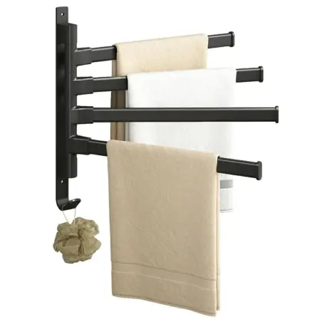 Suport pentru prosoape, baie, 4 brate mobile, auto-adeziv, aluminiu, negru, Gonga