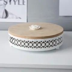 Cutie decorativa, Metal/Lemn, 16 cm, Alb/Maro, Gonga®