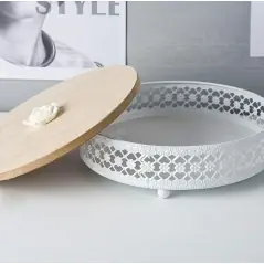 Cutie decorativa, Metal/Lemn, 16 cm, Alb/Maro, Gonga®