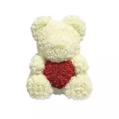 Ursulet din trandafiri, 40cm, alb cu inima rosie, Gonga